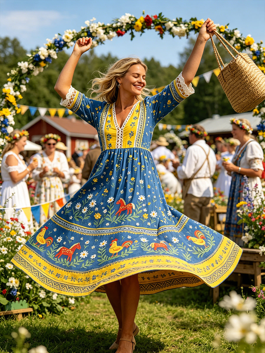 Women's Casual Dress With Midsummer Festival-Themed Print