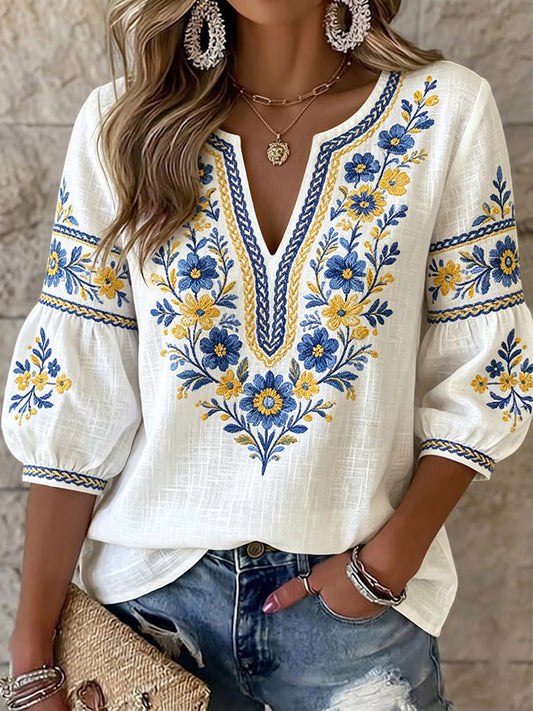 Women's Vintage Swedish Midsummer Floral Art V-Neck Top