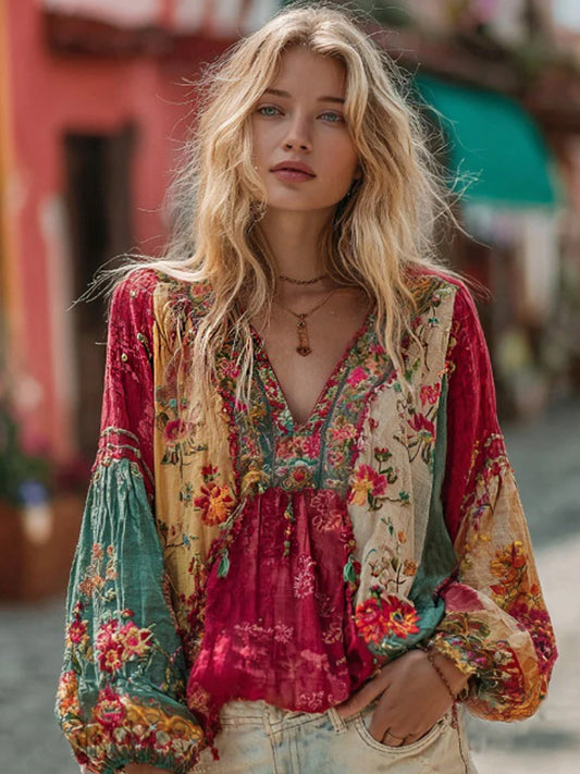 Women's Floral Embroidery Art Colorblock Linen Blend V-neck Boho Shirt