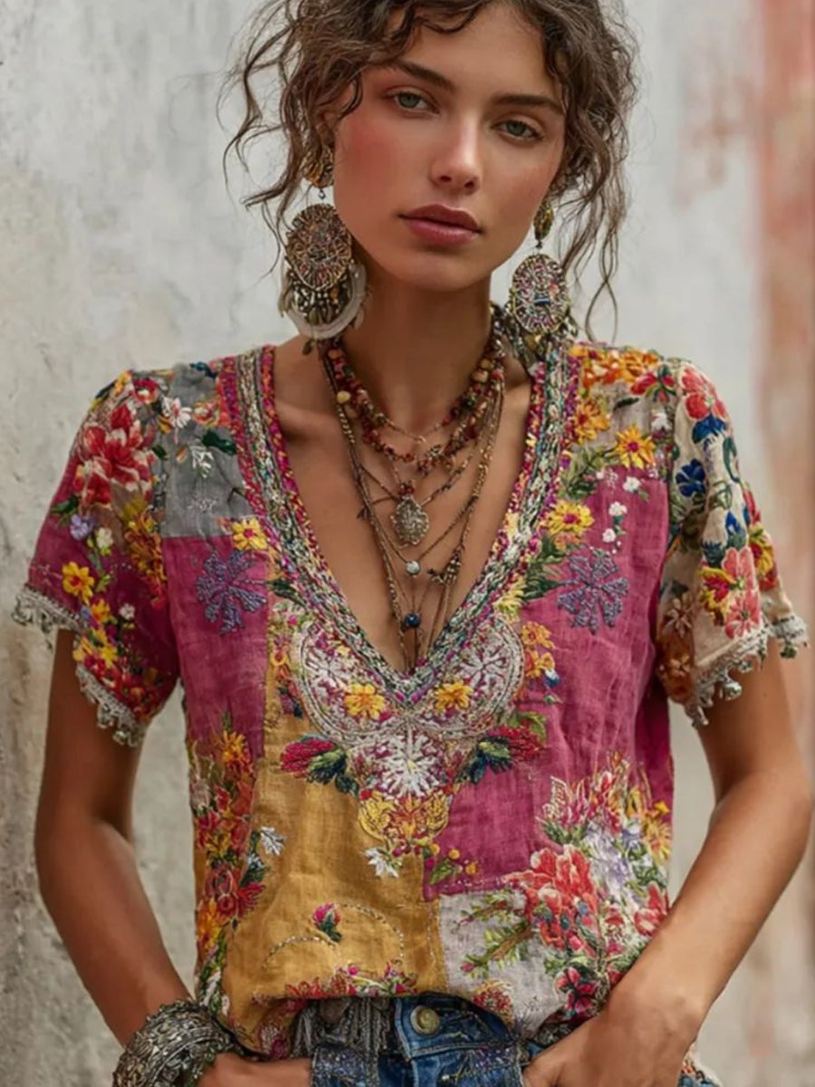 Women's Bohemian Floral Embroidery Art V-neck Contrast Color Linen Blend T-shirt