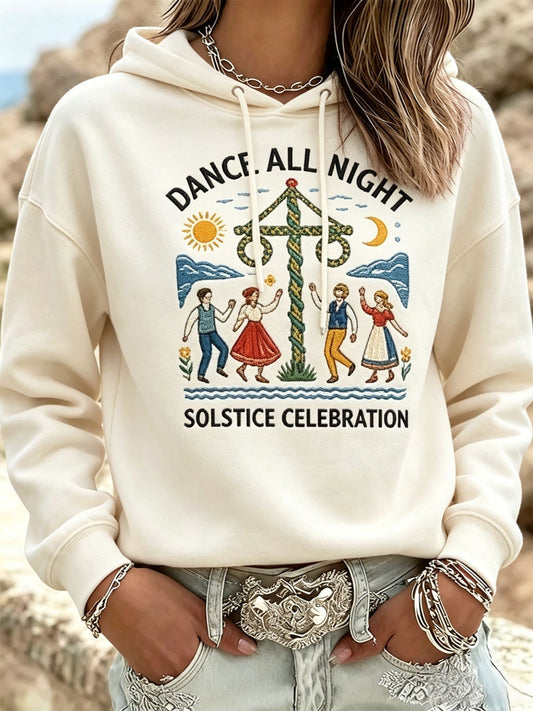 Retro Swedish Midsummer Print Casual Long-Sleeve Hooded Sweatshirt
