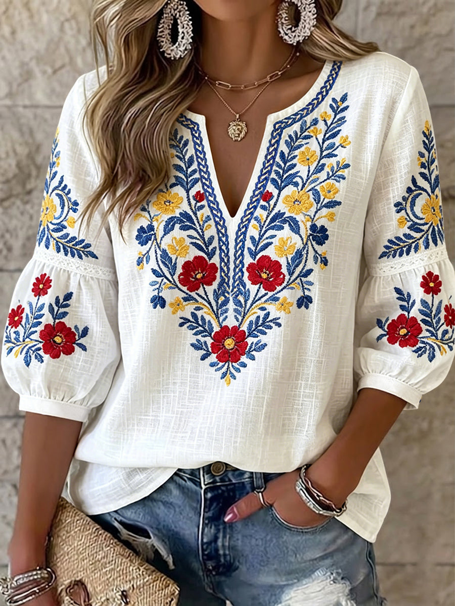 Women's Vintage-Style Swedish Midsummer Floral V-Neck Top
