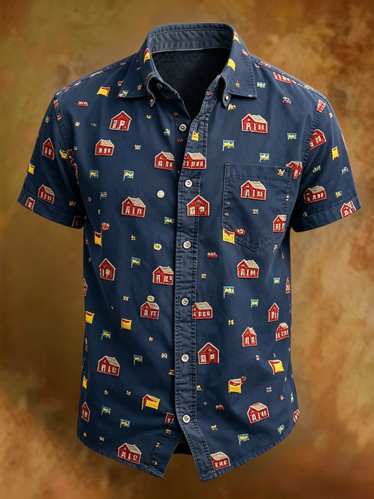 Retro Swedish Midsummer Print Casual Short-Sleeve Shirt