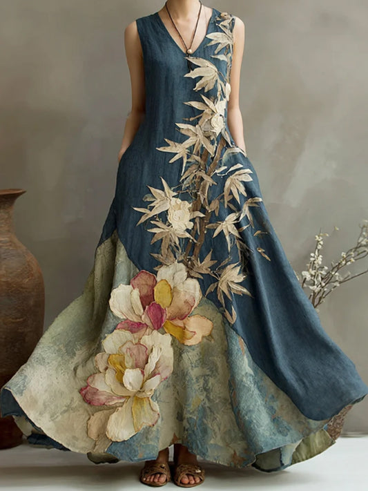 Women's Vintage Floral And Bamboo Art Print Linen Dress