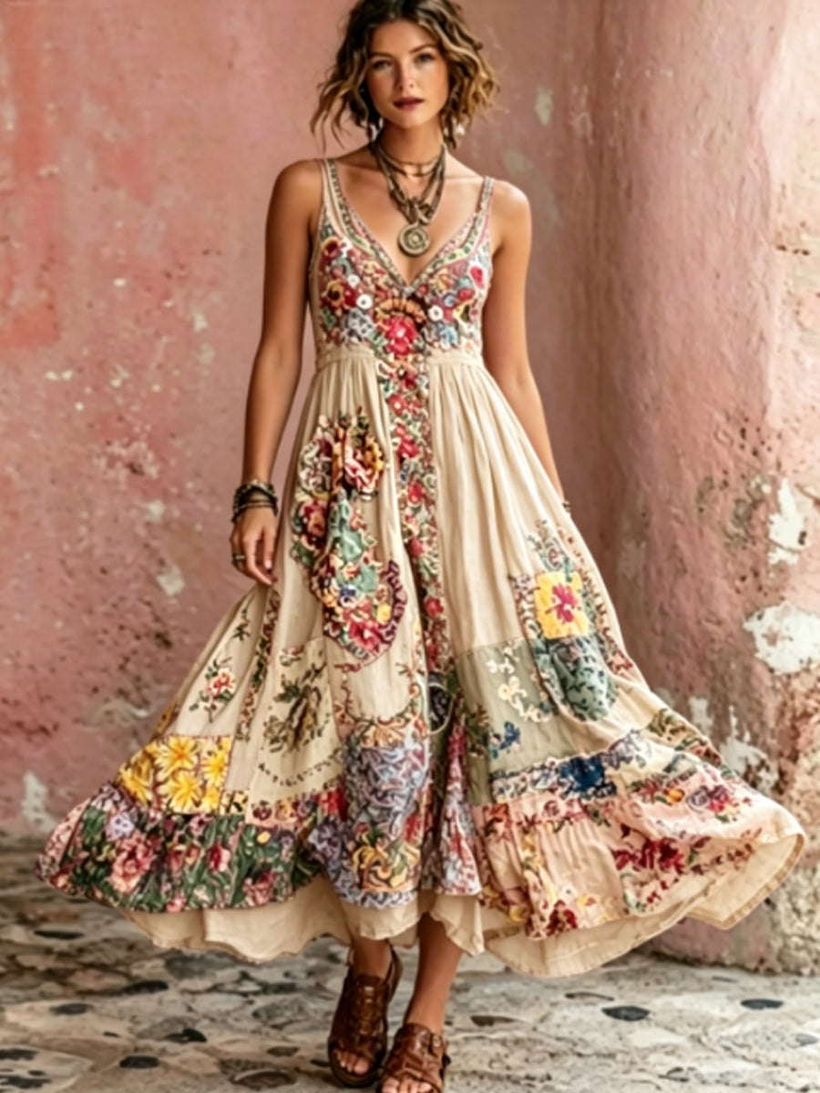 Women's Bohemian Floral Embroidery Art V-Neck  Short Sleeve Midi Dress