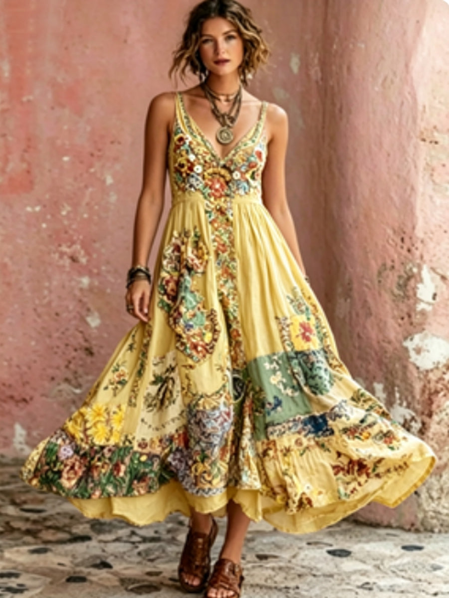 Women's Bohemian Floral Embroidery Art V-Neck  Short Sleeve Midi Dress