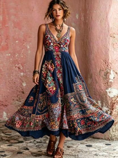 Women's Bohemian Floral Embroidery Art V-Neck  Short Sleeve Midi Dress