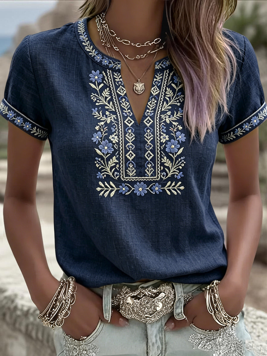 Women's Retro Swedish Midsummer Ethnic Floral Art V-Neck T-Shirt