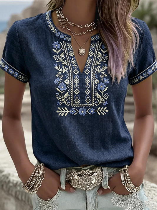 Women's Retro Swedish Midsummer Ethnic Floral Art V-Neck T-Shirt