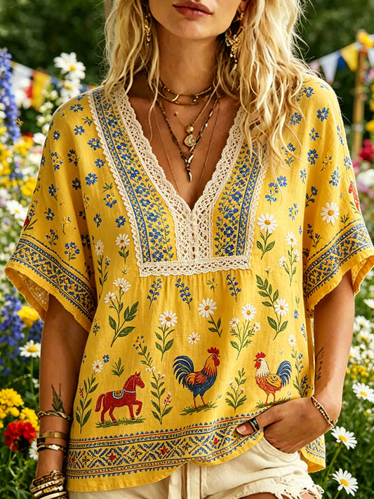 Women's Casual V-Neck Top With Midsummer Festival Print