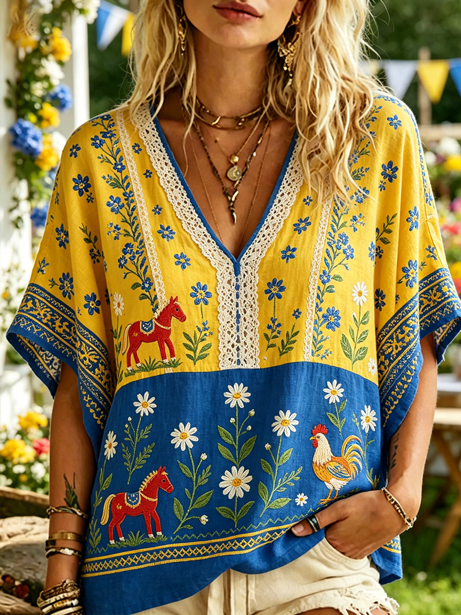 Women's Casual V-Neck Top With Midsummer Festival Print
