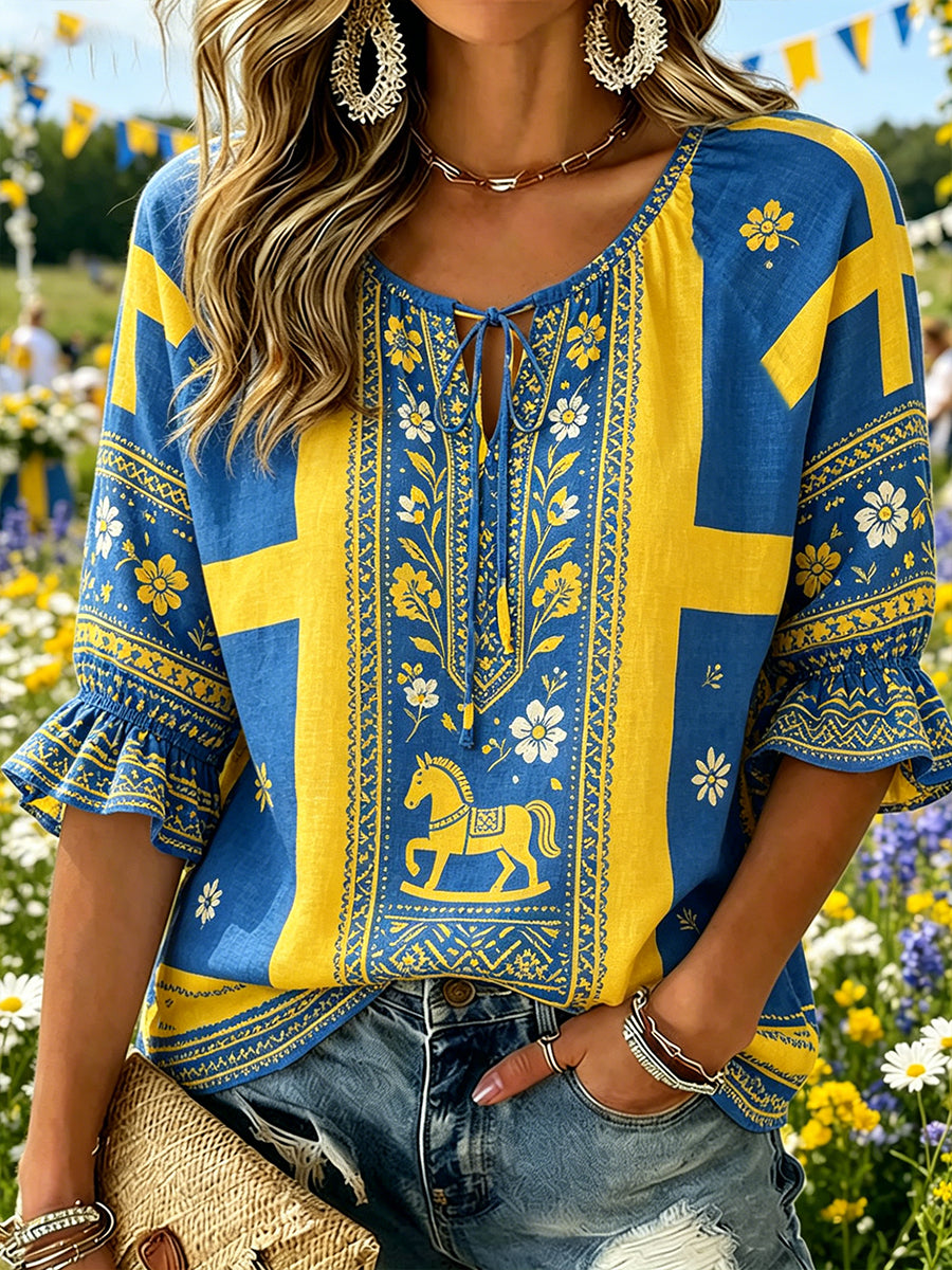 Women's Midsummer-Themed Print V-Neck Top