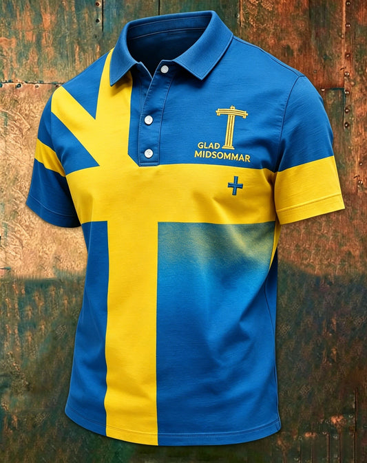Retro Swedish Midsummer Print Casual Short-Sleeve Polo Shirt