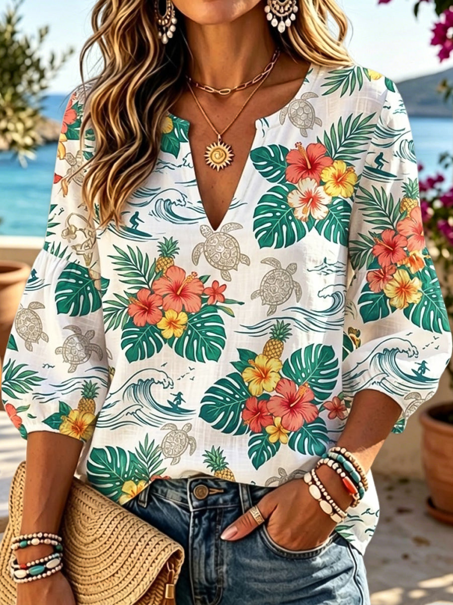 Women's Hawaiian Tropical Floral and Sea Turtle Print V-Neck Top