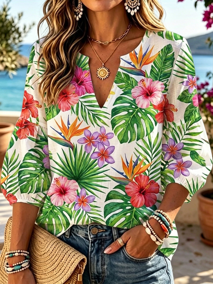 Women's Hawaiian Tropical Floral and Palm Leaf Print V-Neck Top