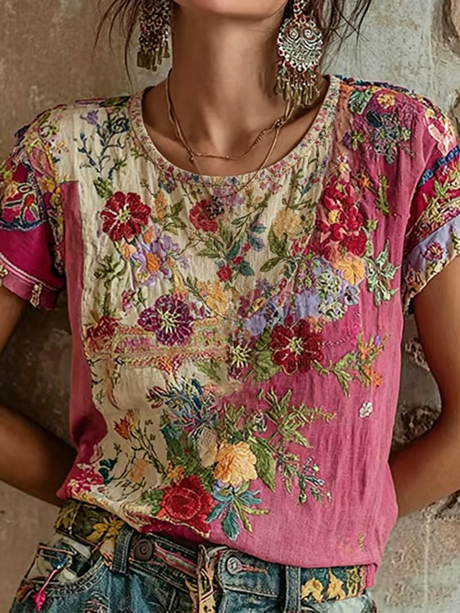 Women's Pink Floral Print Casual T-Shirt