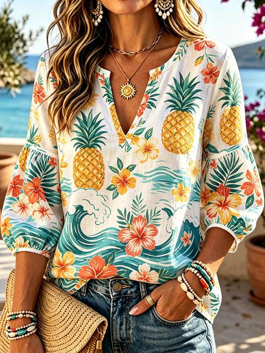 Women's Hawaiian Tropical Floral Wave Print V-Neck Top