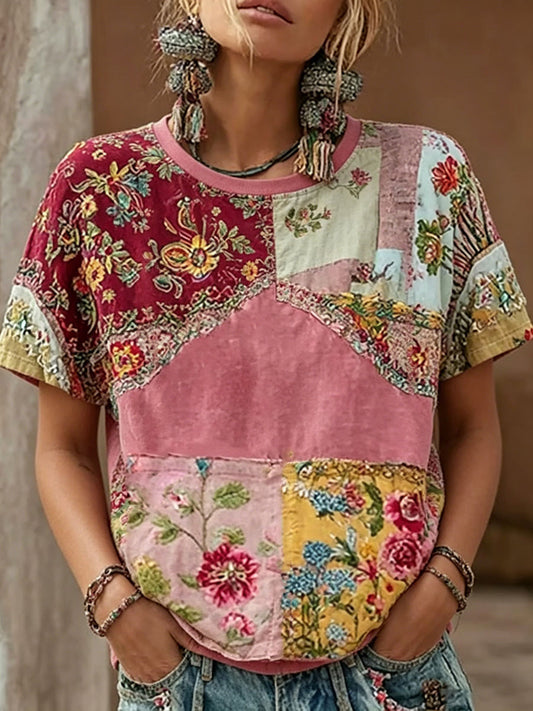 Women's Pink Floral Print Casual T-Shirt