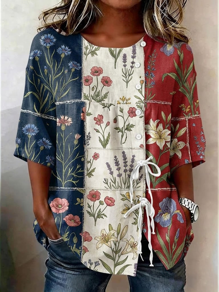 Women's Floral Patchwork Printed Cotton-Linen Button-Front Top With Ties