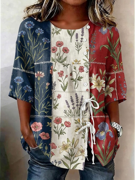 Women's Floral Patchwork Printed Cotton-Linen Button-Front Top With Ties