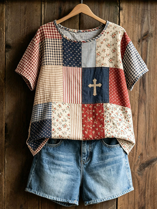 Women's Floral Cross Print Casual T-shirt