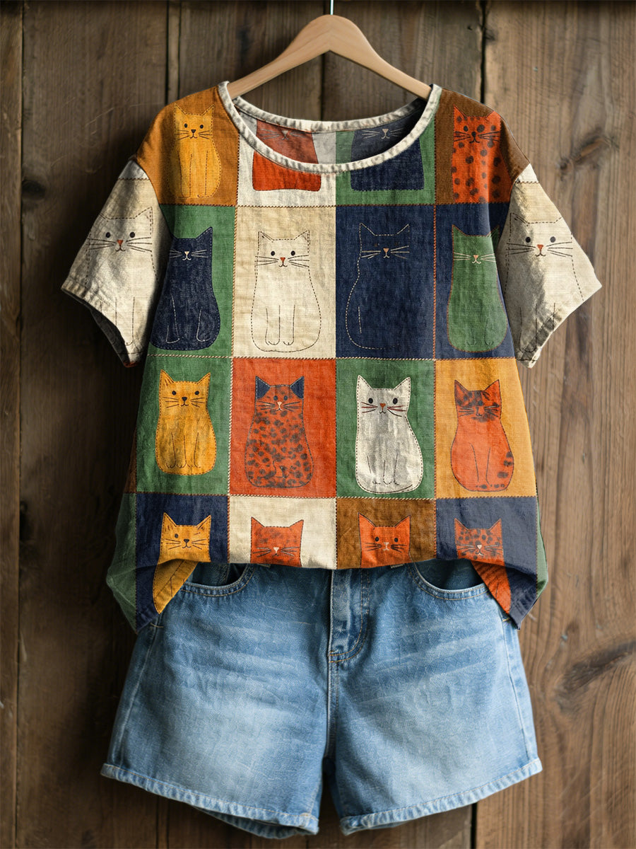 Women's Retro Cats Print Casual Tee