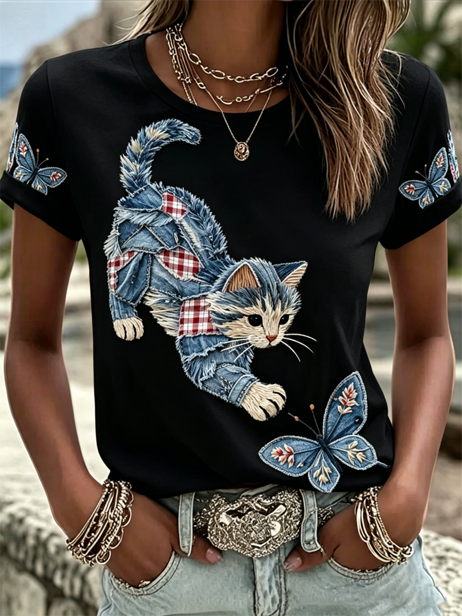 Women's Cat Print short-sleeved T-shirt