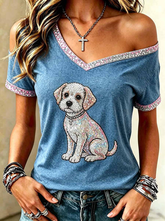 Women's Sequin Animal Print Casual Off-Shoulder Top
