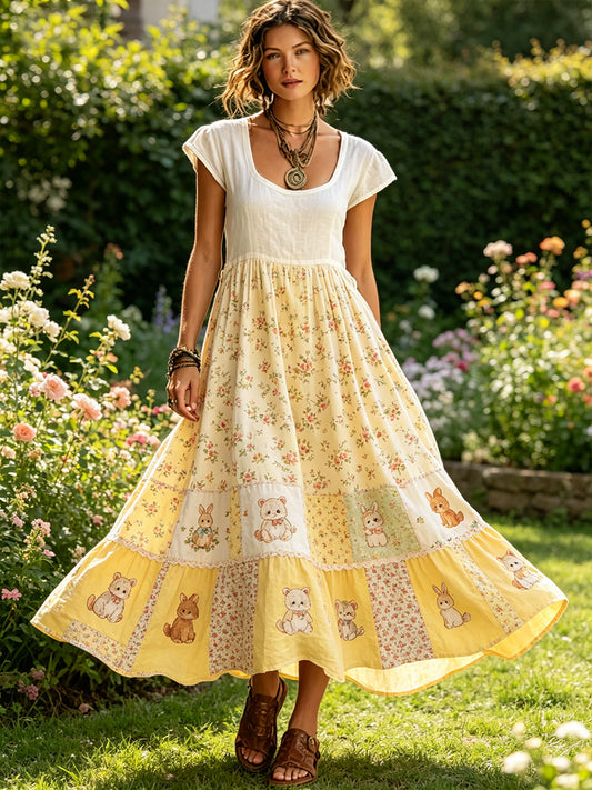 Women's Pastoral-Style Dress With Animal And Floral Print