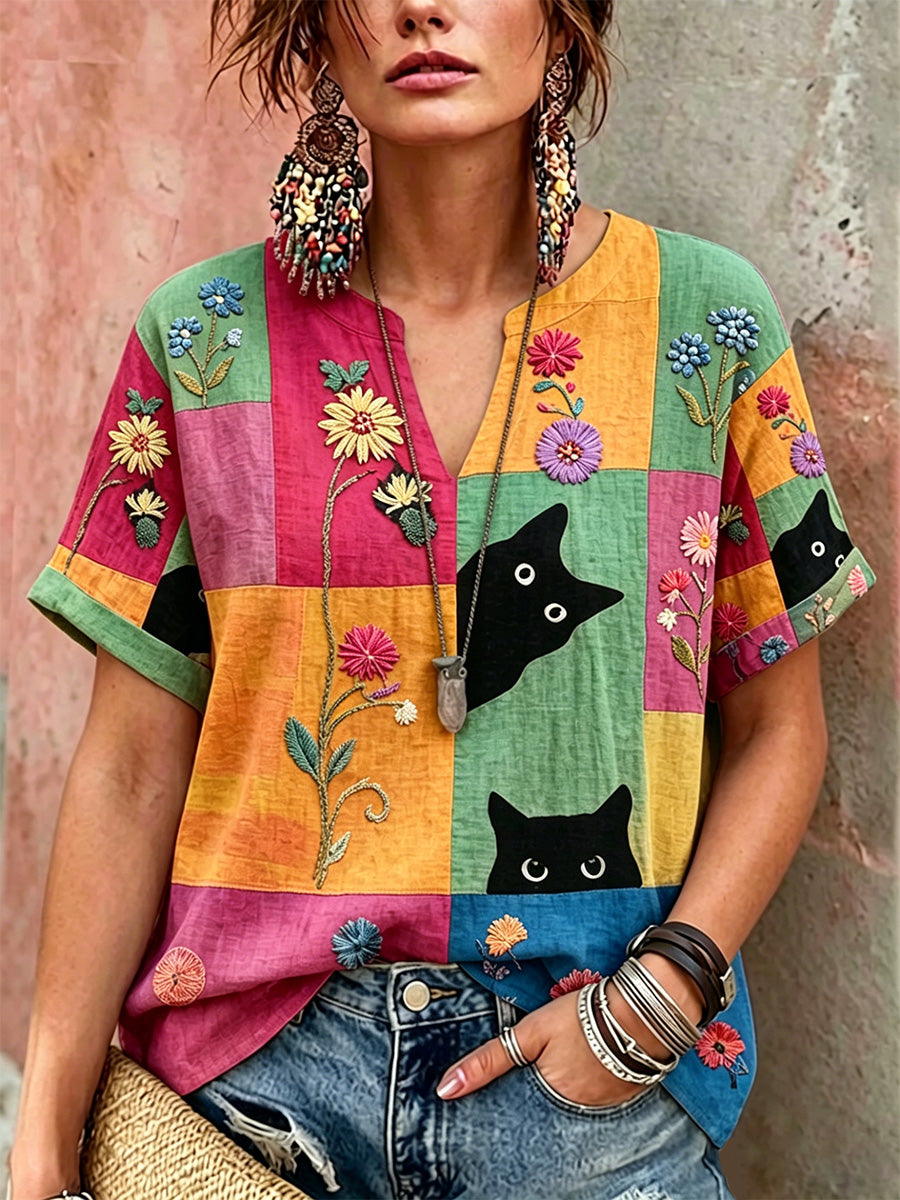 Women's Retro Floral Cats Print Casual Shirt