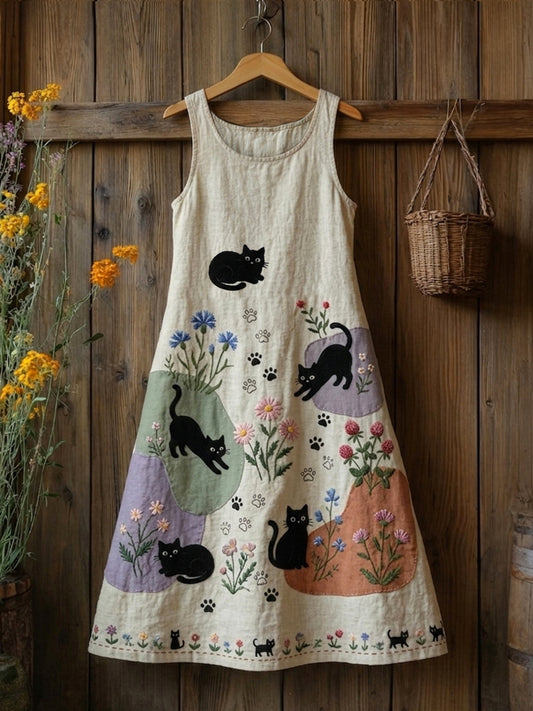 Women's Retro Floral Cats Print Casual Sleeveless Midi Dress