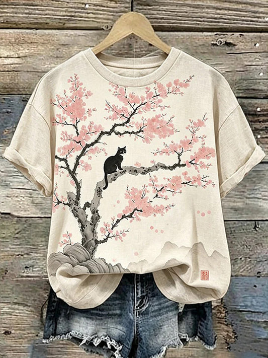 Women's Cat Art Print Short Sleeves T-shirt