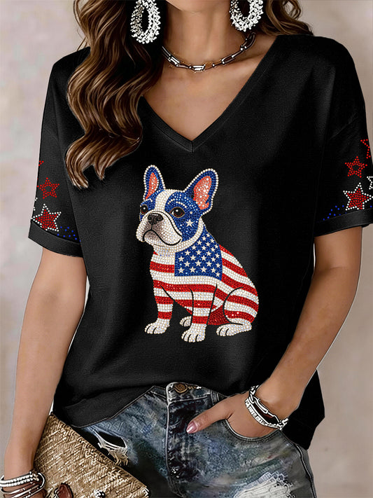 Women's Lovely French Bulldog Rhinestone Pattern V-Neck T-Shirt
