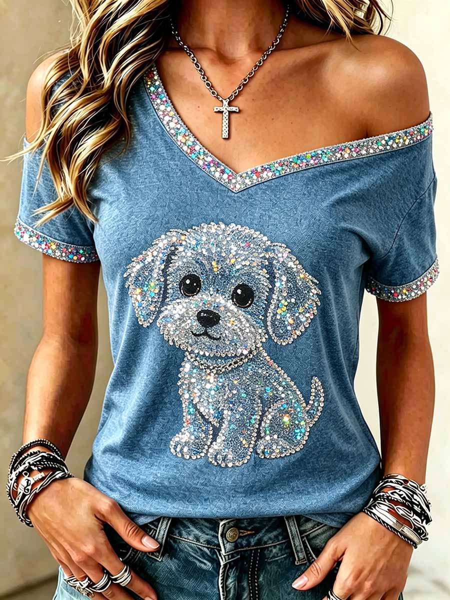 Women's Sequin Animal Print Casual Off-Shoulder Top