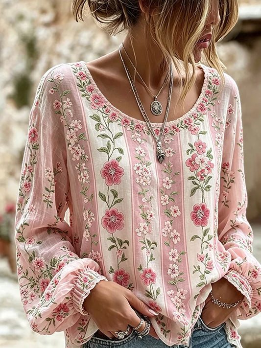 Women's Vintage Floral Art Print Casual Cotton-Linen Top