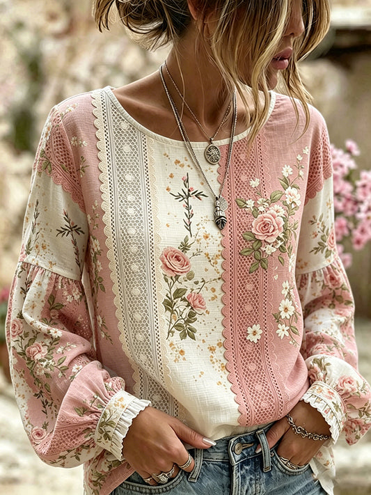 Women's Vintage Floral Art Print Casual Cotton-Linen Top