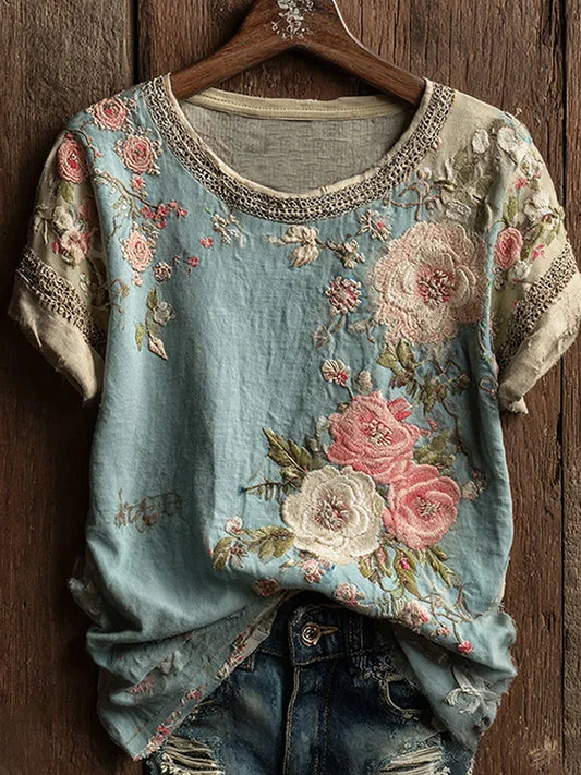 Women's Vintage Floral Art Print Casual Top