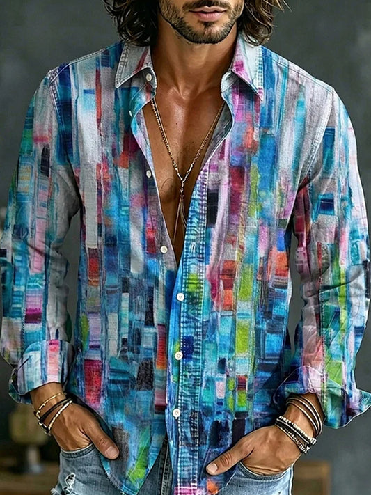 Retro Abstract Art Print Casual Cotton-Linen Shirt