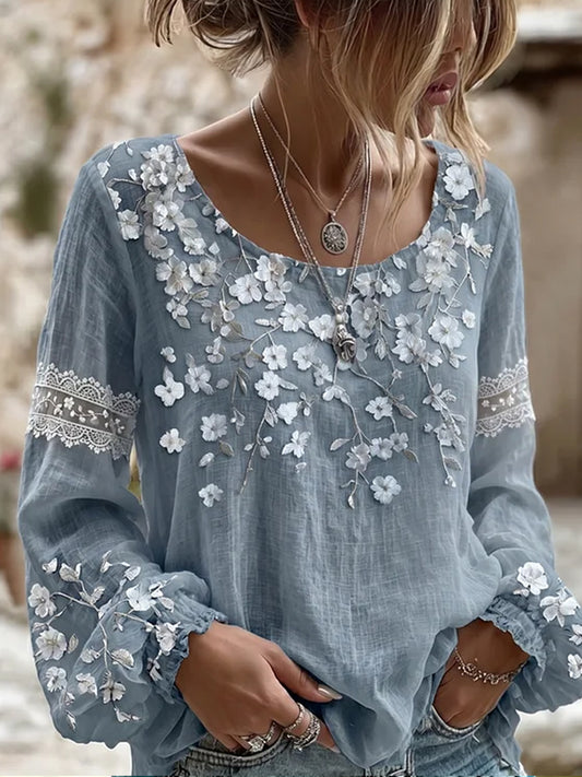 Women's Vintage Floral Art Print Casual Cotton-Linen Top