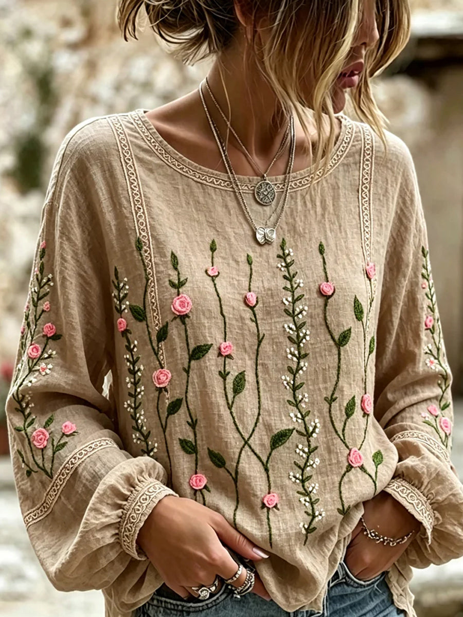 Women's Vintage Floral Art Print Casual Cotton-Linen Top