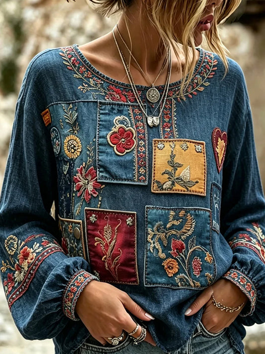 Women's Vintage Floral Art Print Casual Cotton-Linen Top