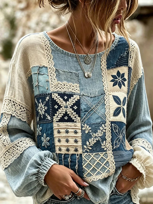 Women's Vintage Floral Art Print Casual Cotton-Linen Top