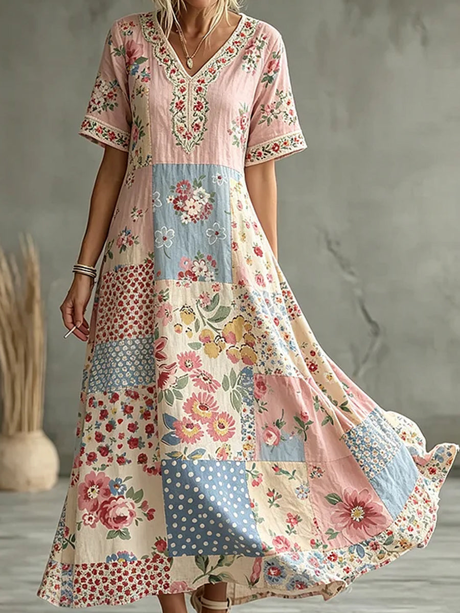 Women's Bohemian Floral Embroidery Art Round Neck Short Sleeve Midi Dress