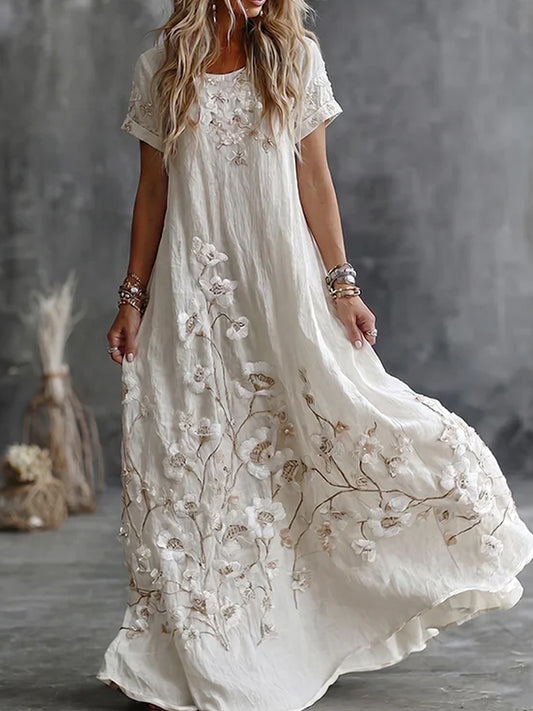 Women's Bohemian Floral Embroidery Art Round Neck Short Sleeve Midi Dress