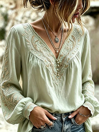 Women's Vintage Floral Art Print Casual Cotton-Linen Top