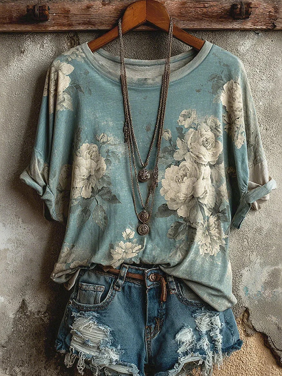 Women's Vintage Floral Art Print Comfort T-Shirt