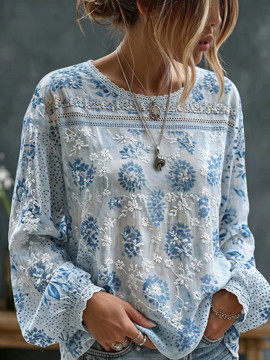 Women's Vintage Floral Art Print Casual Cotton-Linen Top