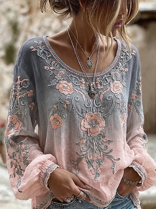 Women's Vintage Floral Art Print Casual Cotton-Linen Top