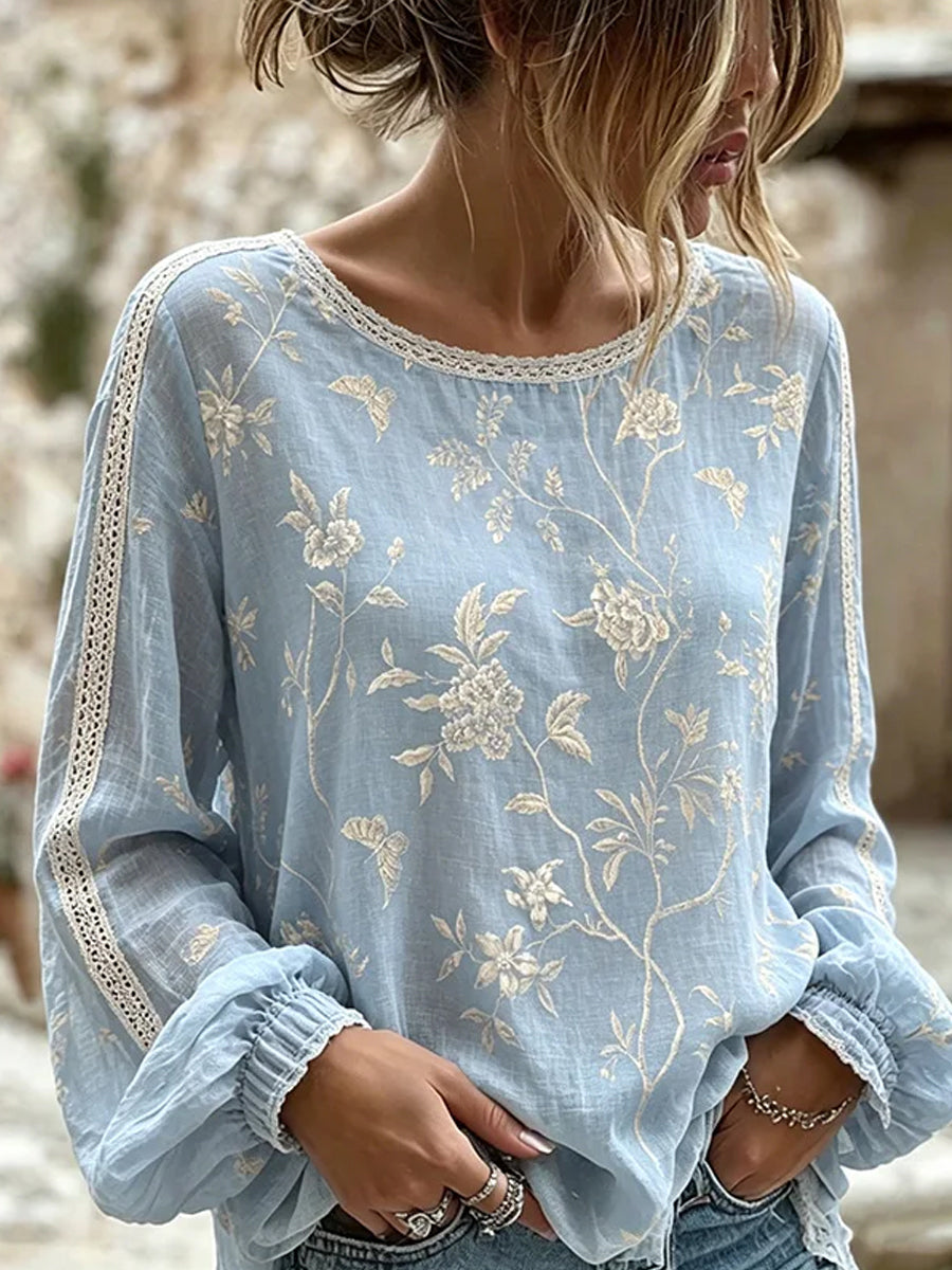 Women's Vintage Floral Art Print Casual Cotton-Linen Top
