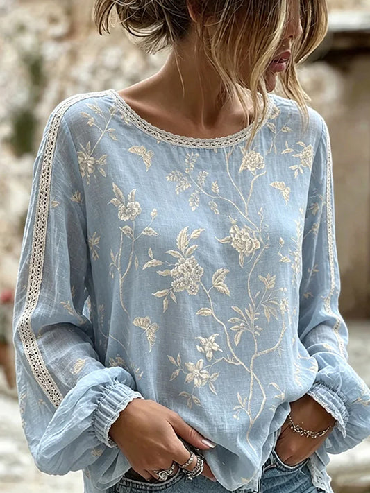 Women's Vintage Floral Art Print Casual Cotton-Linen Top